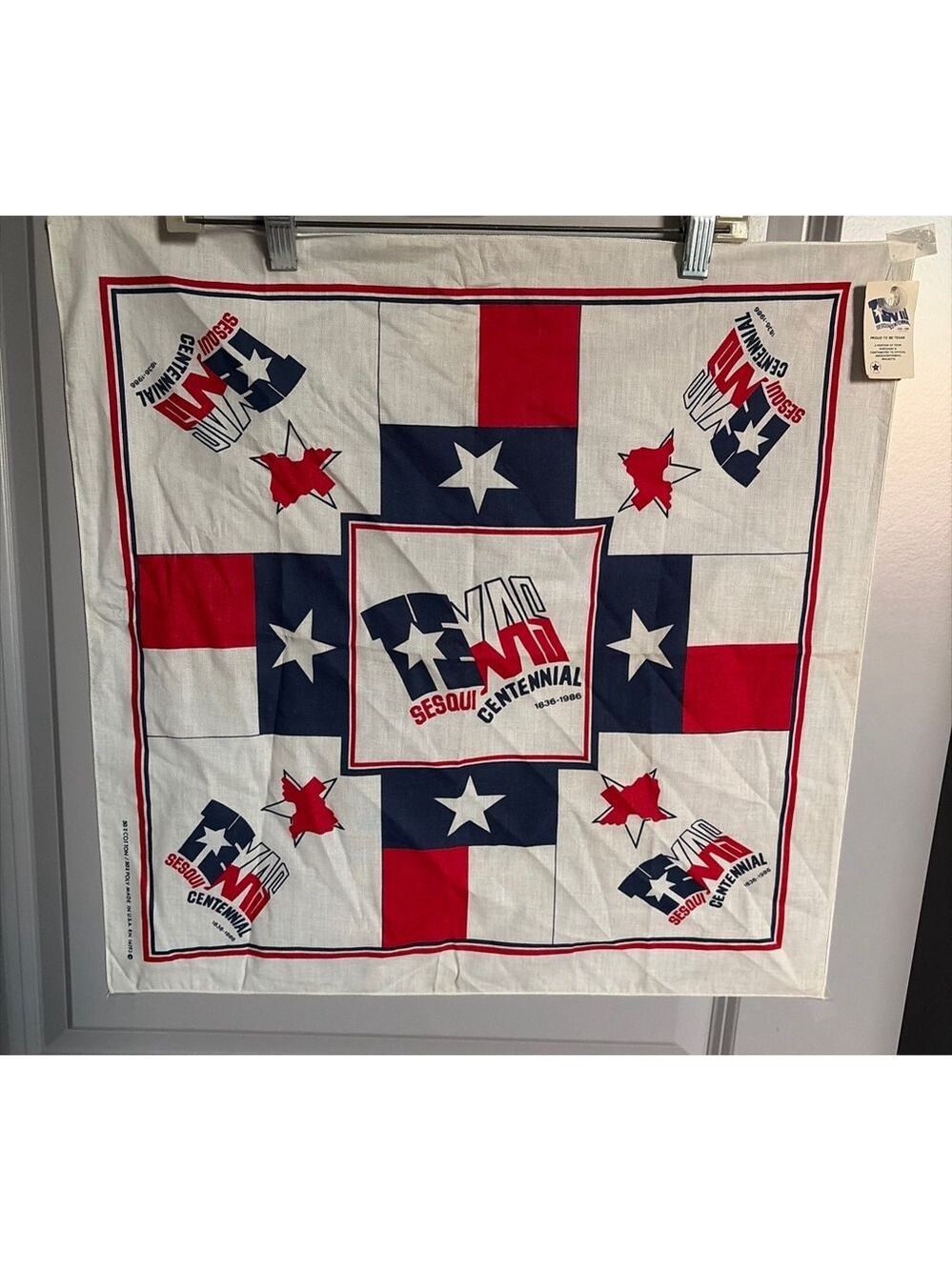 Vtg 1986 Unbranded Texas Sesquicentennial Scarf One Size White Red Blue #0025